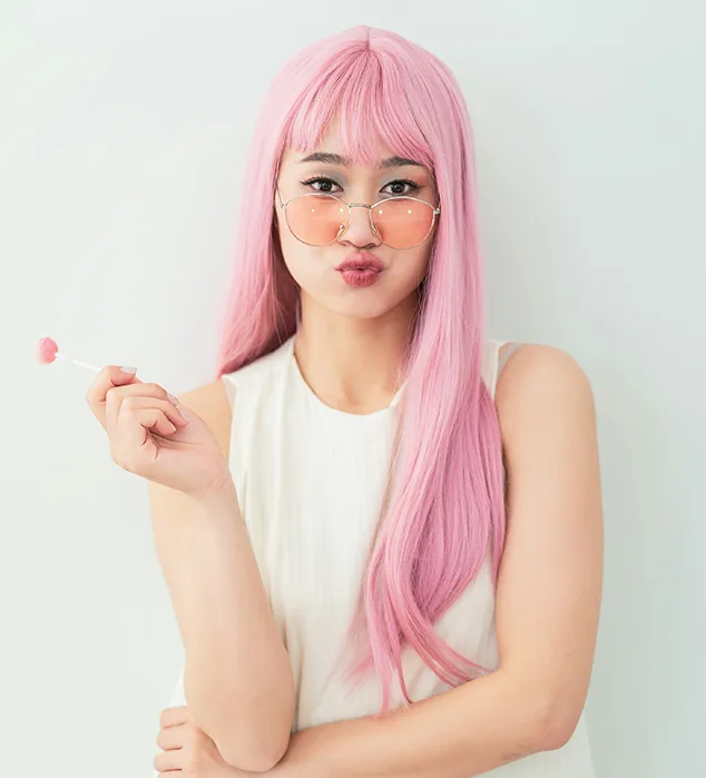 girl with pink hair and glasses and pink lollipop