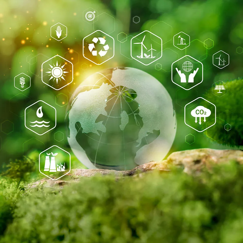 globe with sustainability icons surrounding it